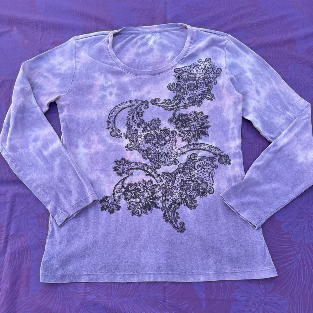 Style & Co. Lavender Long Sleeve Top with Black Floral Design